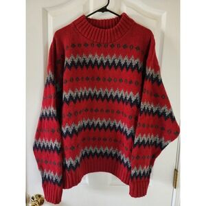 Vintage Alps Mens Red Fair Isle Geometric Knit Mock Neck Sweater Large